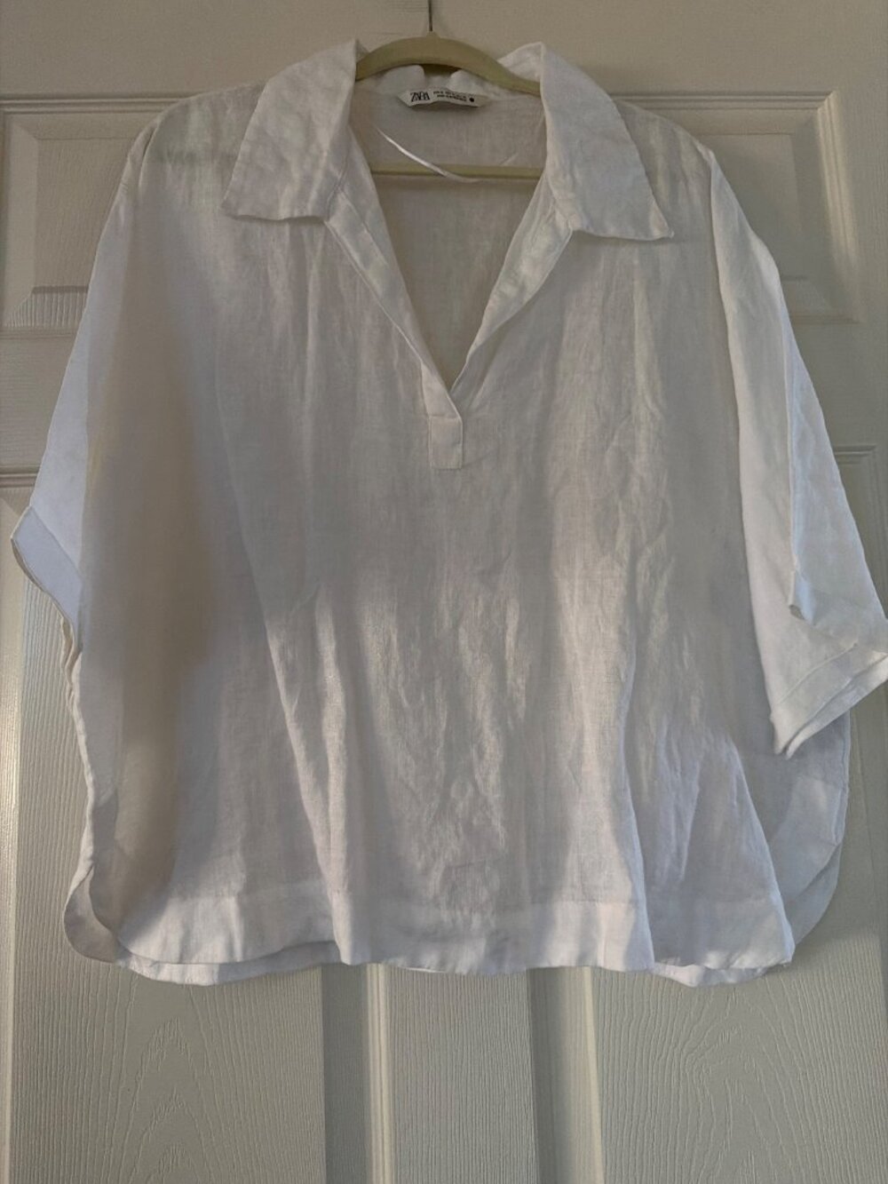 White Zara Linen Oversized Collared Blouse Size XL Lightweight & Breathable Made
